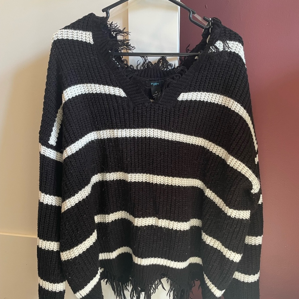 RUE + Black and White Striped Frayed V-Neck Sweater